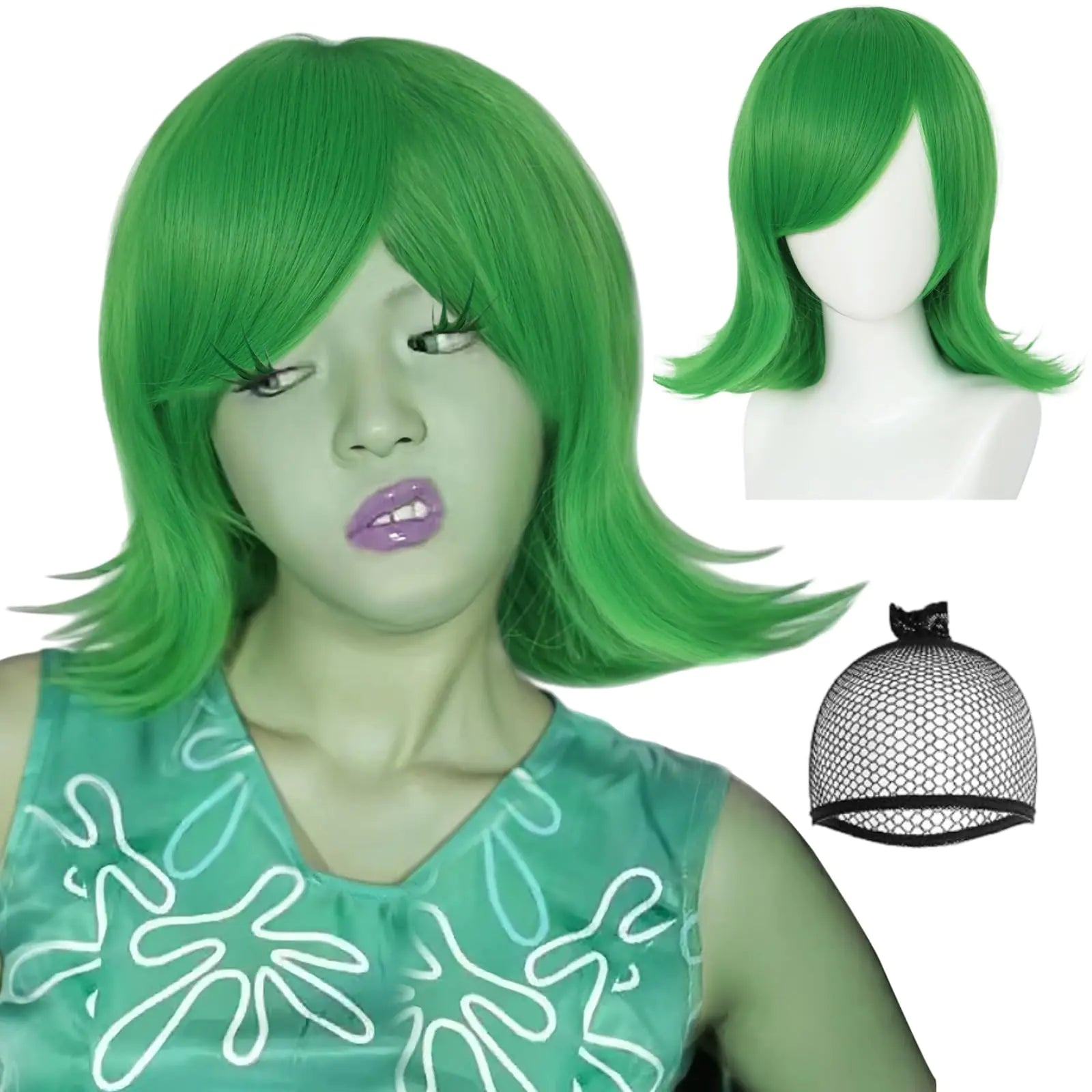 IMEYLE Green Bob Wig for Anime Cosplay Short Wavy Green Wig for Women Cosplay Wig for Party Green Synthetic Wig for Halloween Costume Green Flip Wig for Cosplay Outfit Emo Wig for Adult+Wig Cap