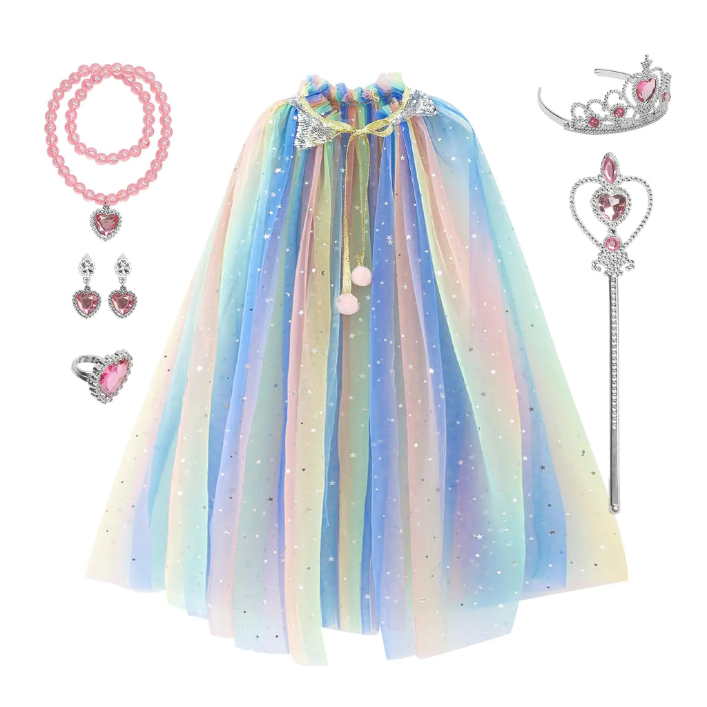 Newland Princess Cape Costume 3-8 Years 7 pcs Girl Princess Cloak set Princess Dress Up Festival Party Costume Crown Wand (Colorful)