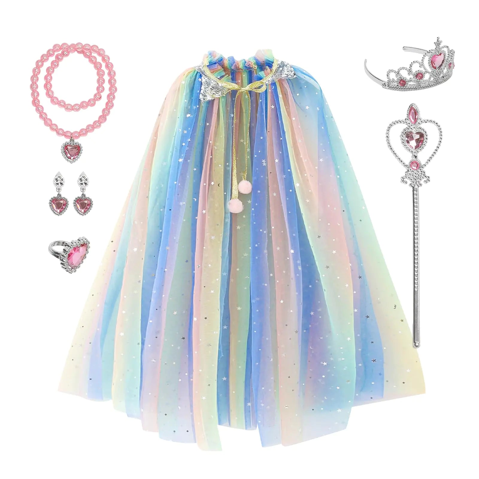 Newland Princess Cape Costume 3-8 Years 7 pcs Girl Princess Cloak set Princess Dress Up Festival Party Costume Crown Wand (Colorful)