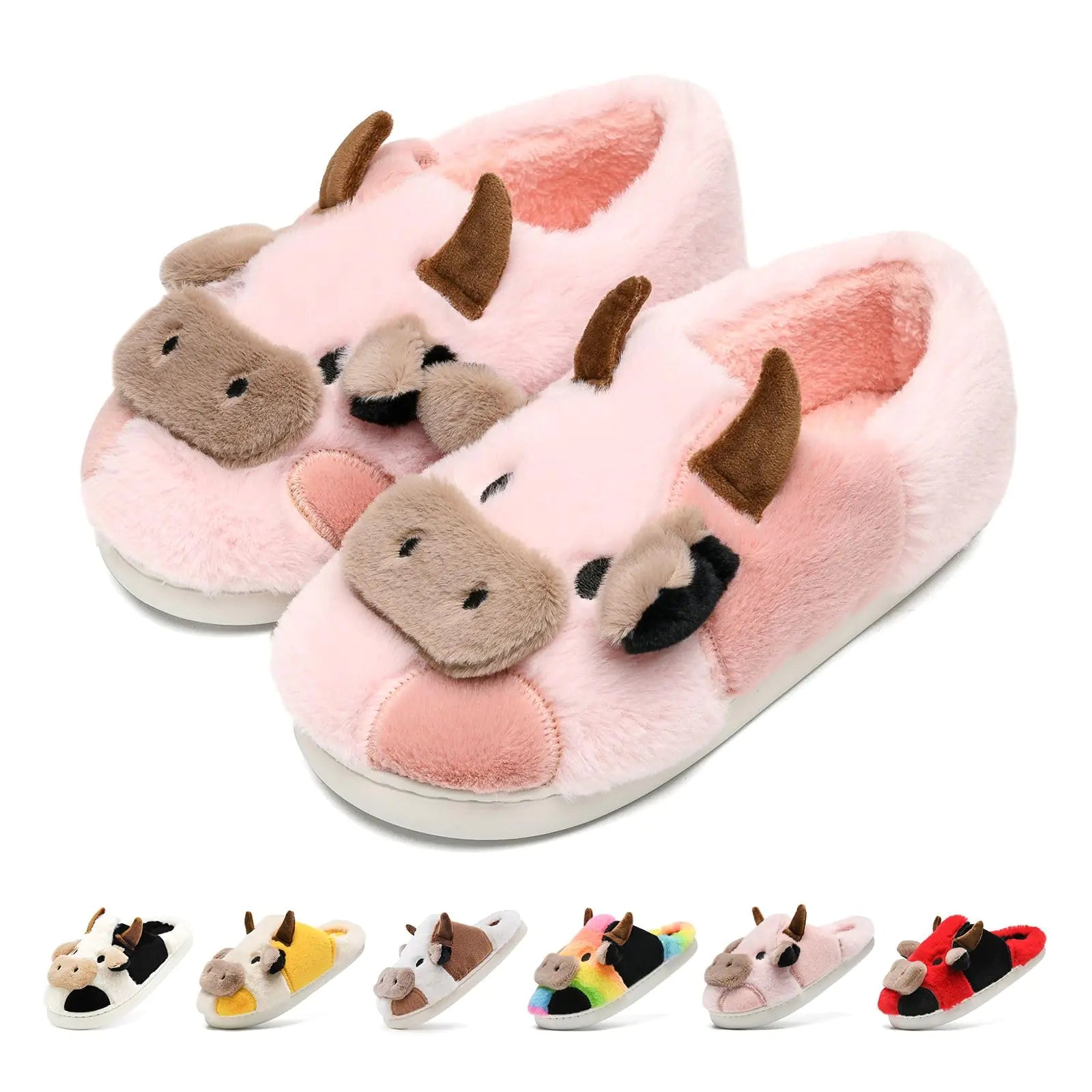 Cow Slippers for Boys Girls Toddler Kids Cartoon Cow Print Slippers Cotton Animal Slippers House Slippers Infant Cute Fluffy Cow Slides Fuzzy Slippers Non-Slip for Winter Warm Cozy Pink