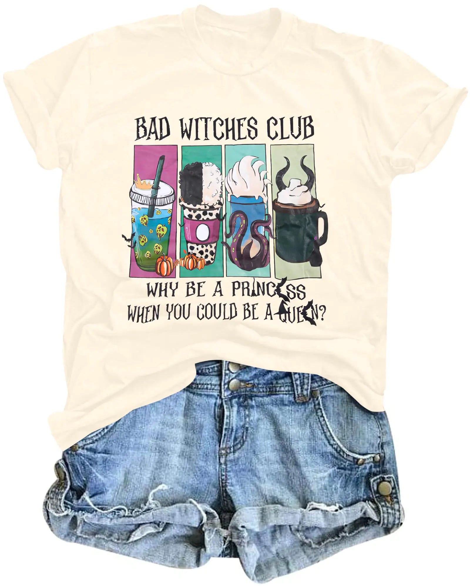 Women Bad Witches Club Shirts Halloween Villains Shirts Halloween Witches Shirt Halloween Casual Short Sleeve Tee Beige